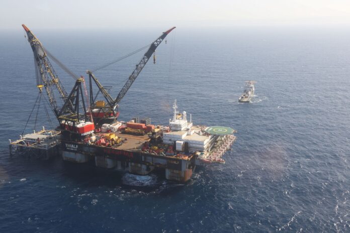 FILE PHOTO: An aerial view shows the newly arrived foundation platform of Leviathan natural gas field, in the Mediterranean Sea, off the coast of Haifa